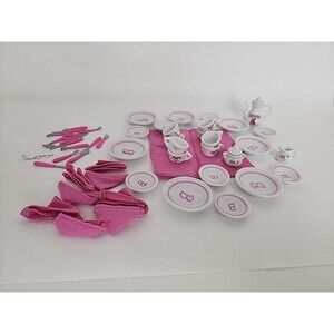 Vintage Barbie Strombecker China Tea Set of 8 Napkins Some Utensils Incomplete